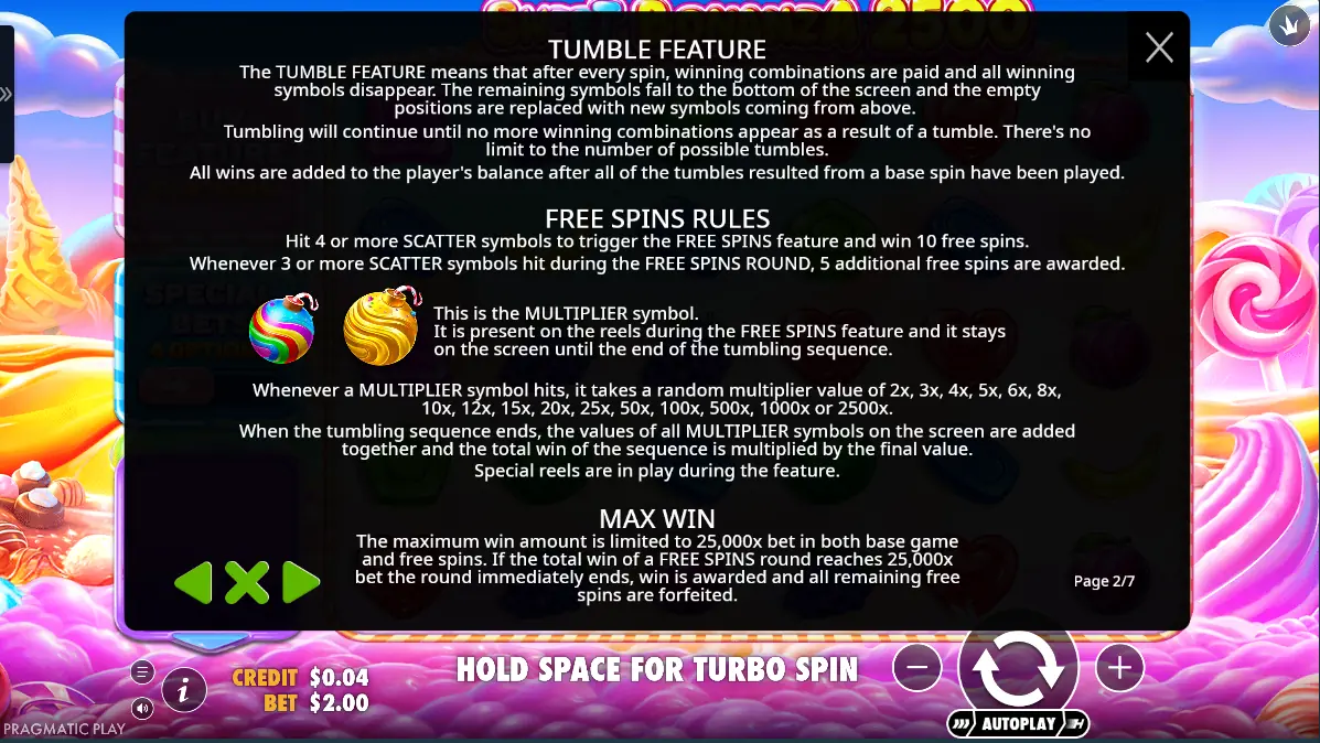 Sweet Bonanza 2500 tumble feature and multiplier rules