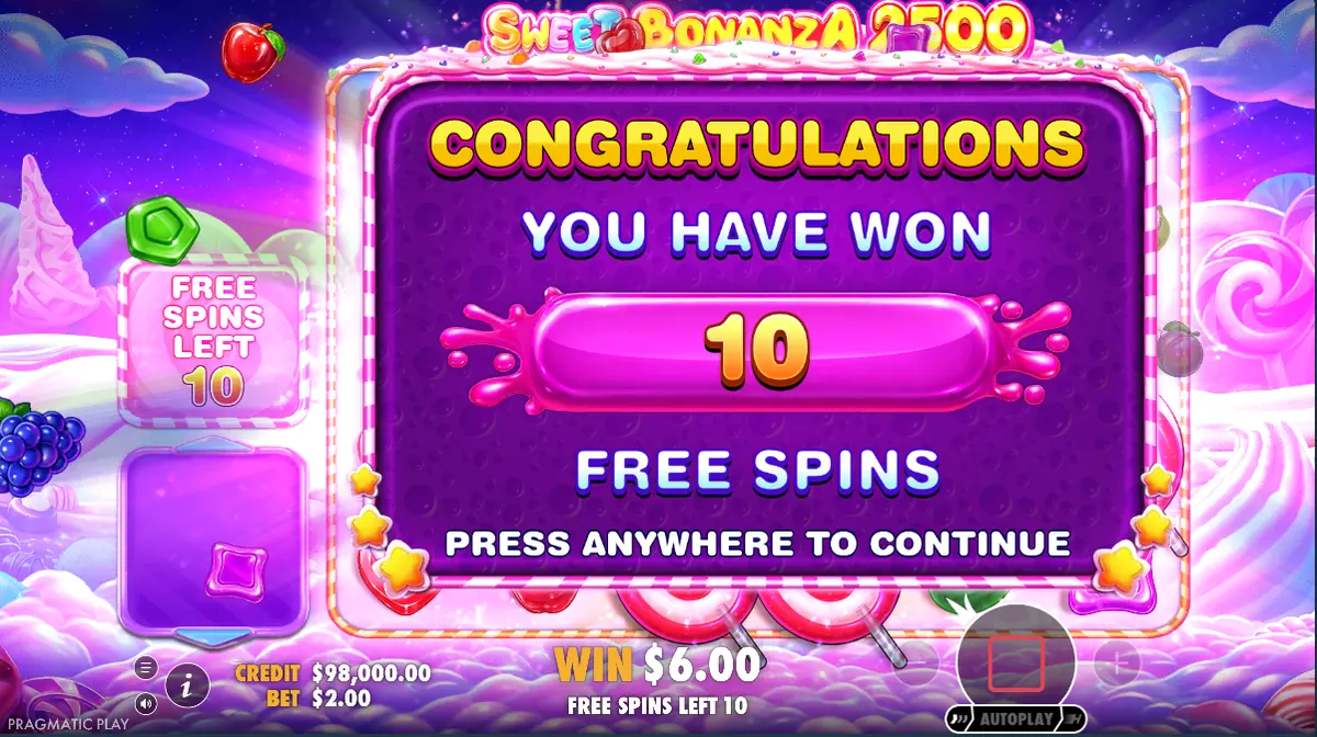 Sweet Bonanza free spins bonus congratulations screen