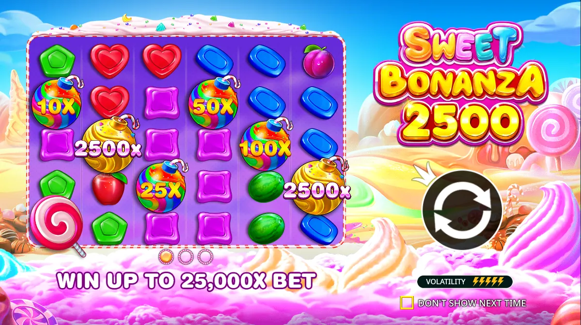 Sweet Bonanza 2500 slot screen with multipliers and max win up to 25,000x
